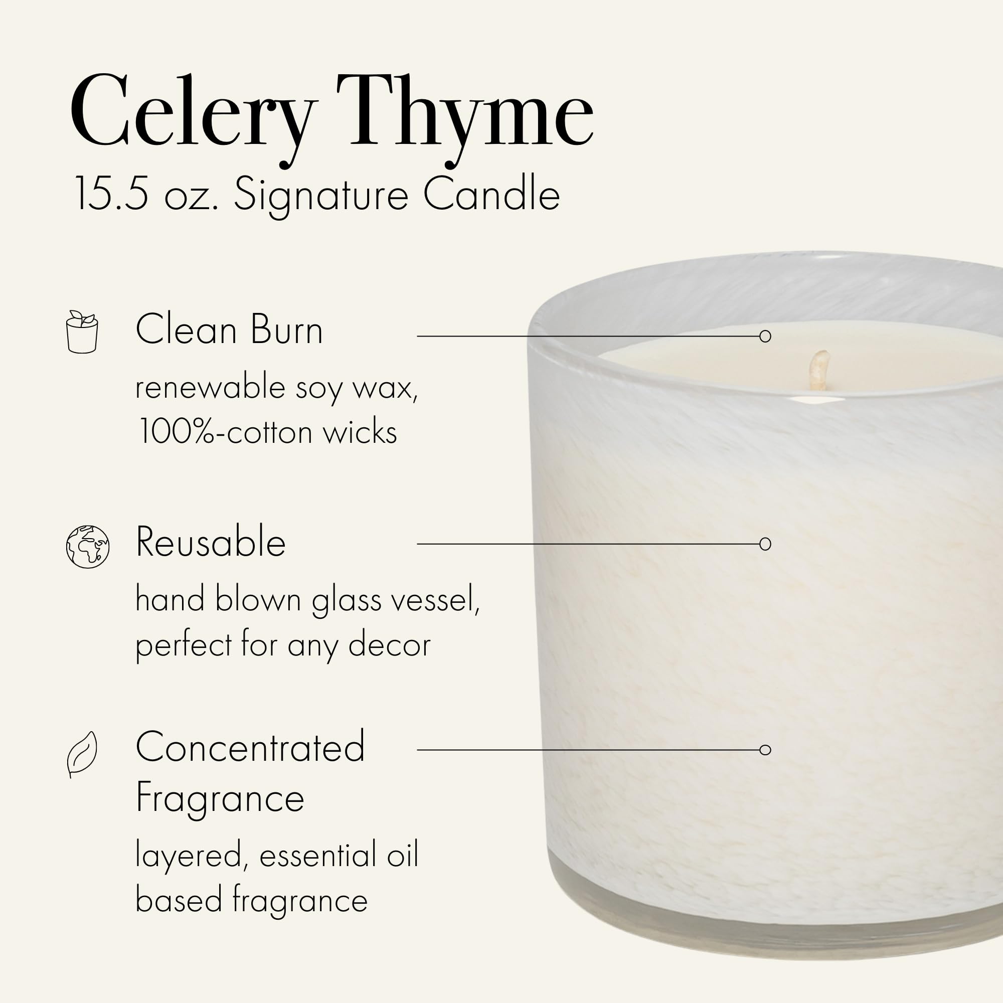 Close-up of Celery Thyme candle showing the reusable glass vessel
