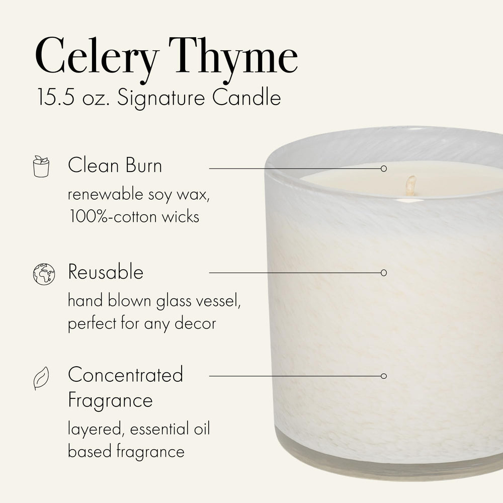 Close-up of Celery Thyme candle showing the reusable glass vessel