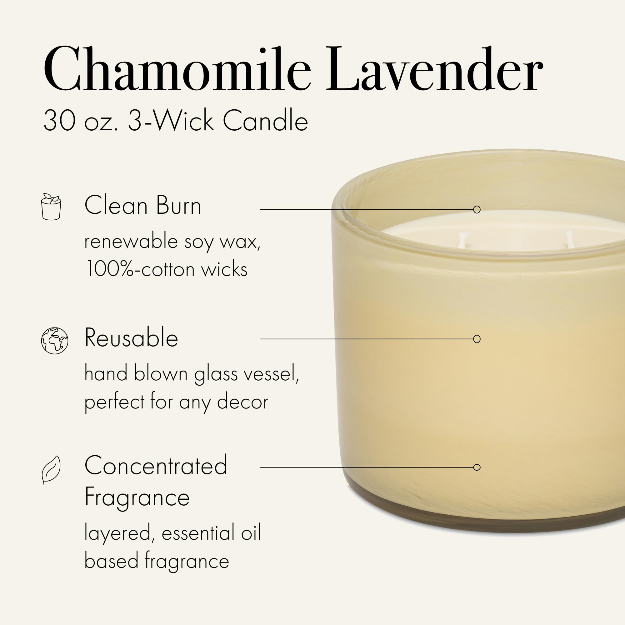 Close-up of the hand-blown glass vessel holding Chamomile Lavender candle.