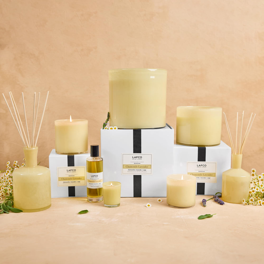 USA-made Chamomile Lavender candle by LAFCO with long burn time.