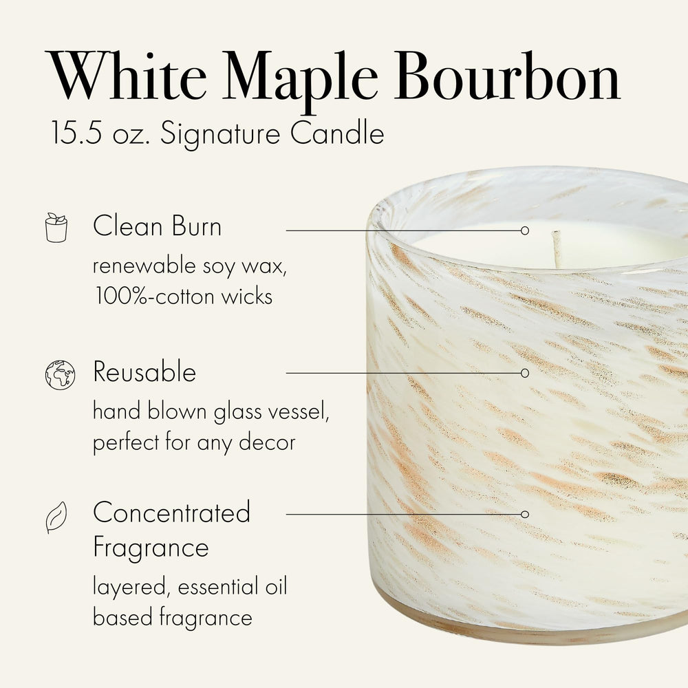 Close-up of the hand-blown glass vessel with wax for White Maple Bourbon candle