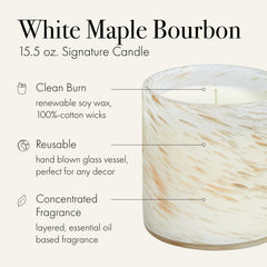 Close-up of the hand-blown glass vessel with wax for White Maple Bourbon candle