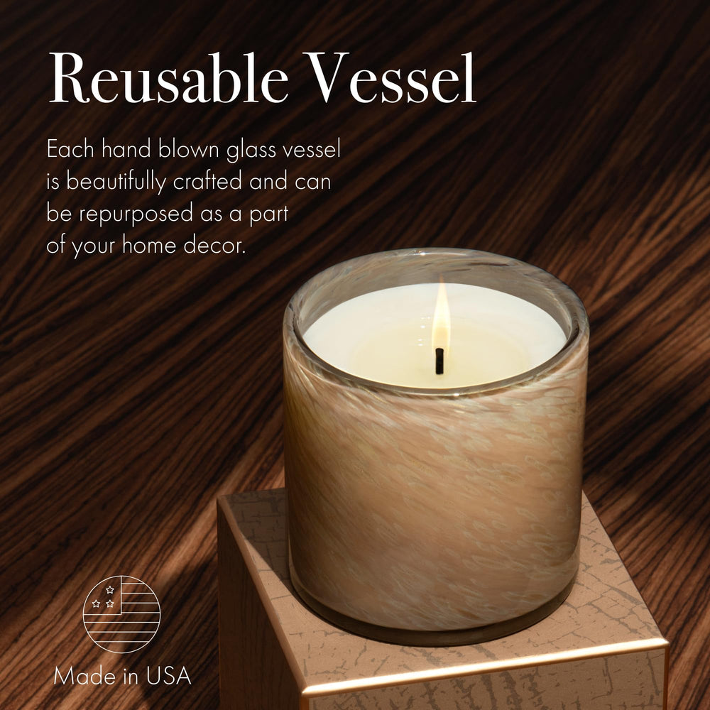 Detail of the hand-blown glass vessel with warm glow