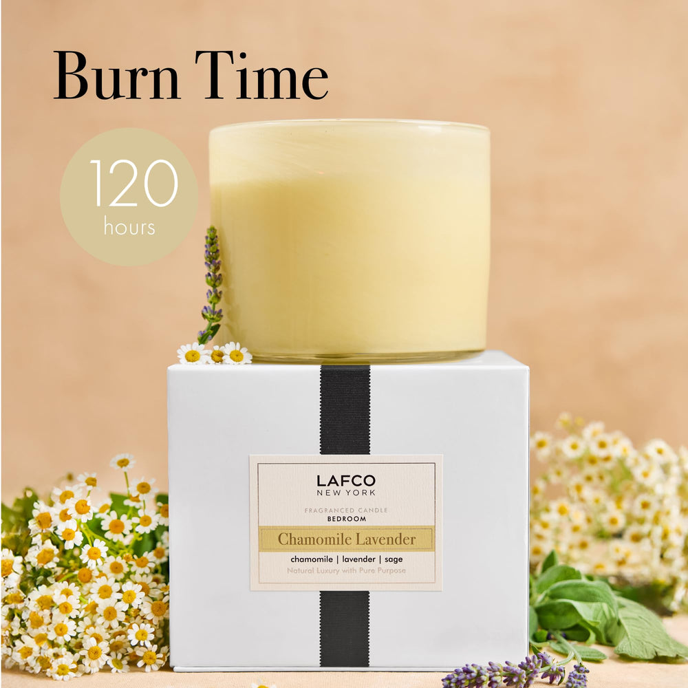 Bedroom ambience featuring LAFCO House & Home Chamomile Lavender candle.