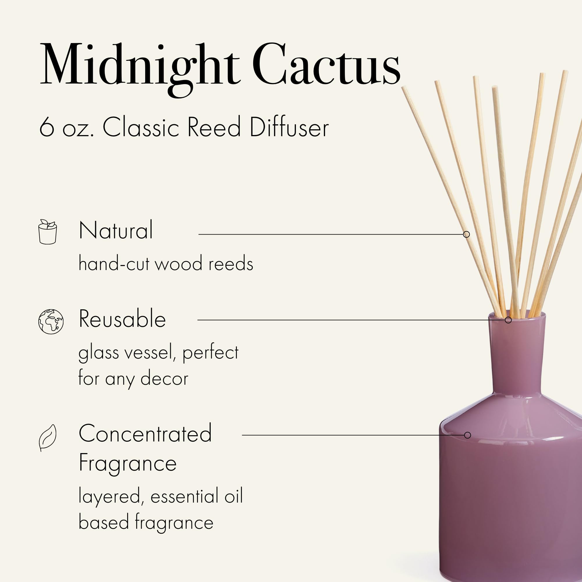 LAFCO New York Midnight Cactus diffuser hand-cut wood reeds detail for an inviting aroma