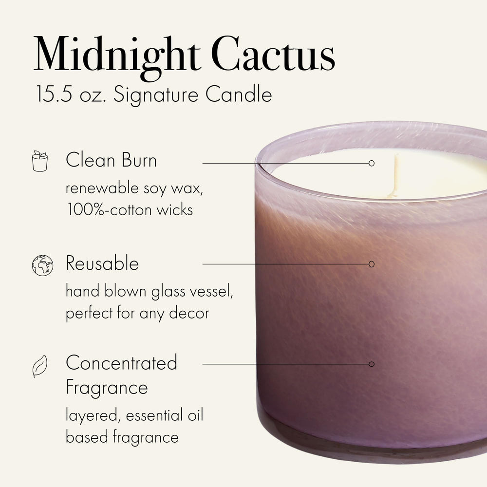 Close-up of the hand-blown glass vessel for Midnight Cactus candle
