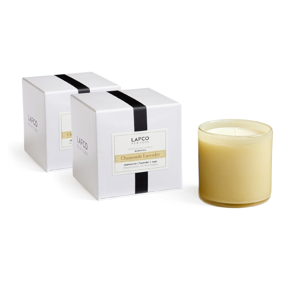 LAFCO Signature Candle Chamomile Lavender glass jar emits calming bedroom ambiance