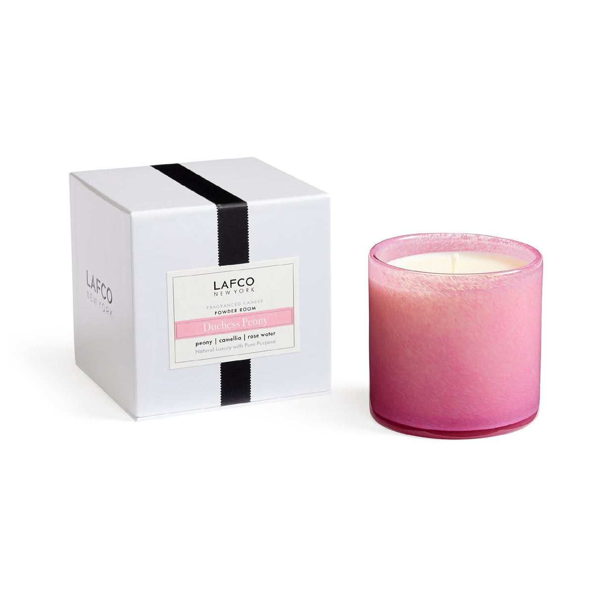 LAFCO New York Duchess Peony candle in a hand-blown reusable glass vessel, 15.5 oz