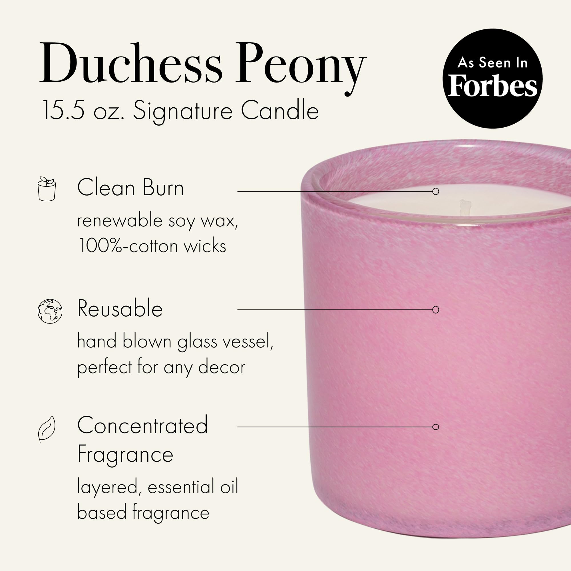Close-up of Duchess Peony fragrance candle with hand-blown glass vessel