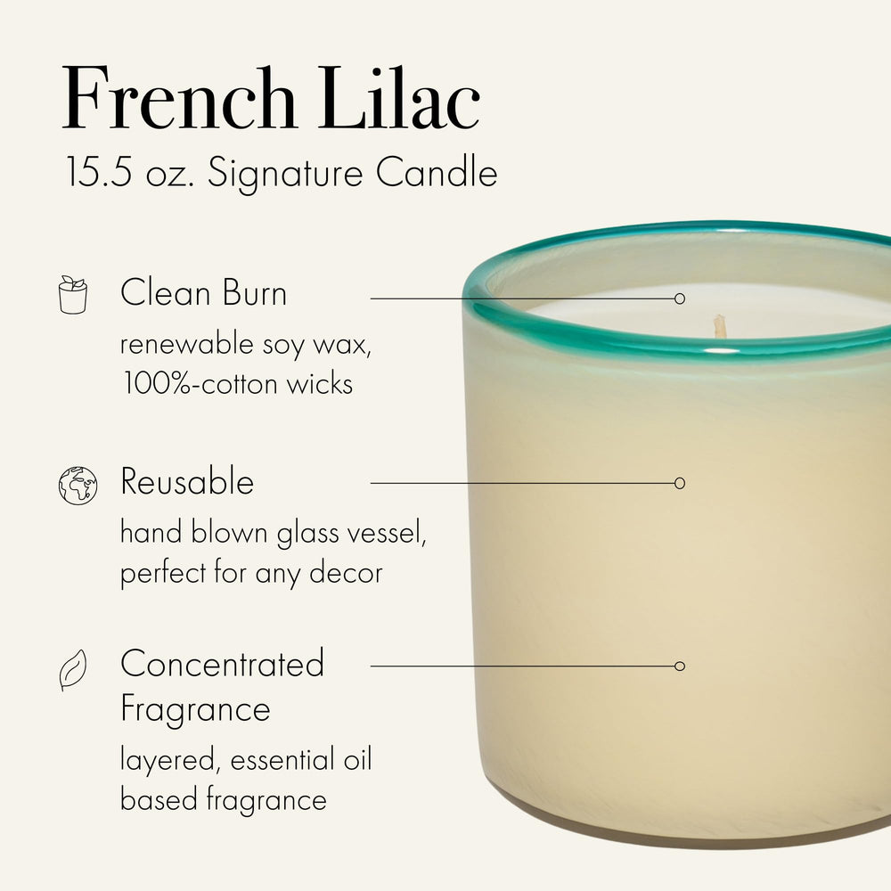 Close-up of the hand-blown glass vessel for the French Lilac candle