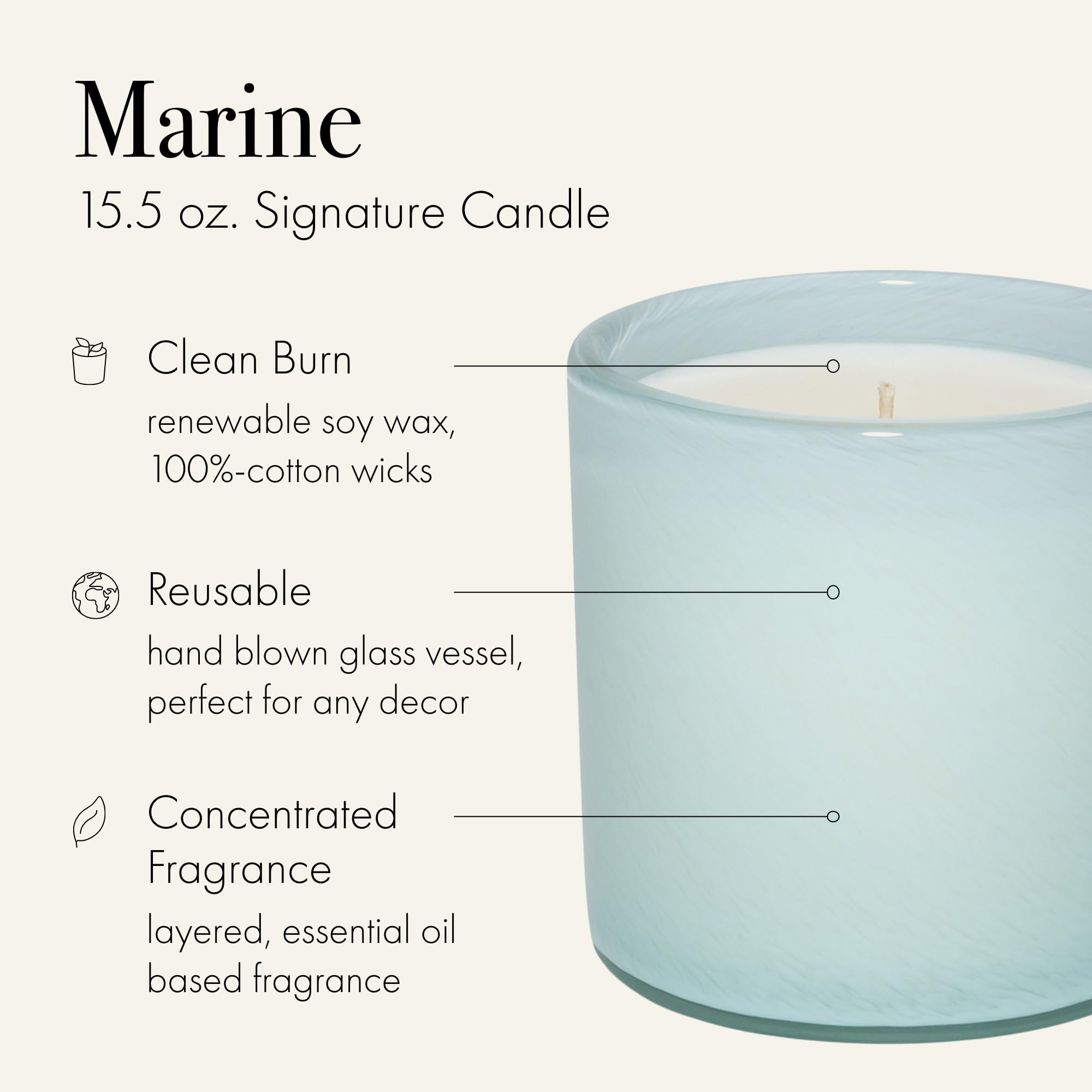 Close-up of Marine candle scent notes: sea jasmine, rose, cyclamen, bergamot