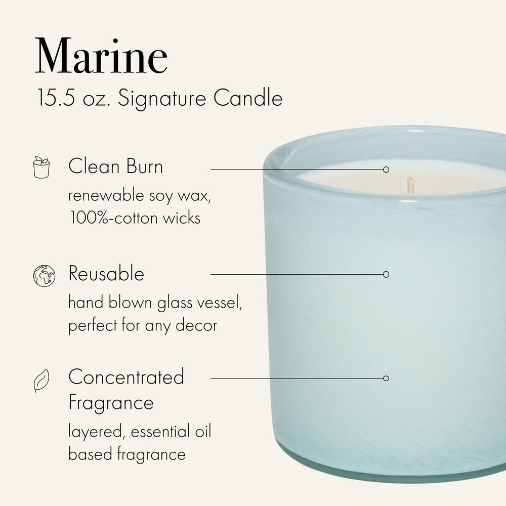 Close-up of Marine candle scent notes: sea jasmine, rose, cyclamen, bergamot