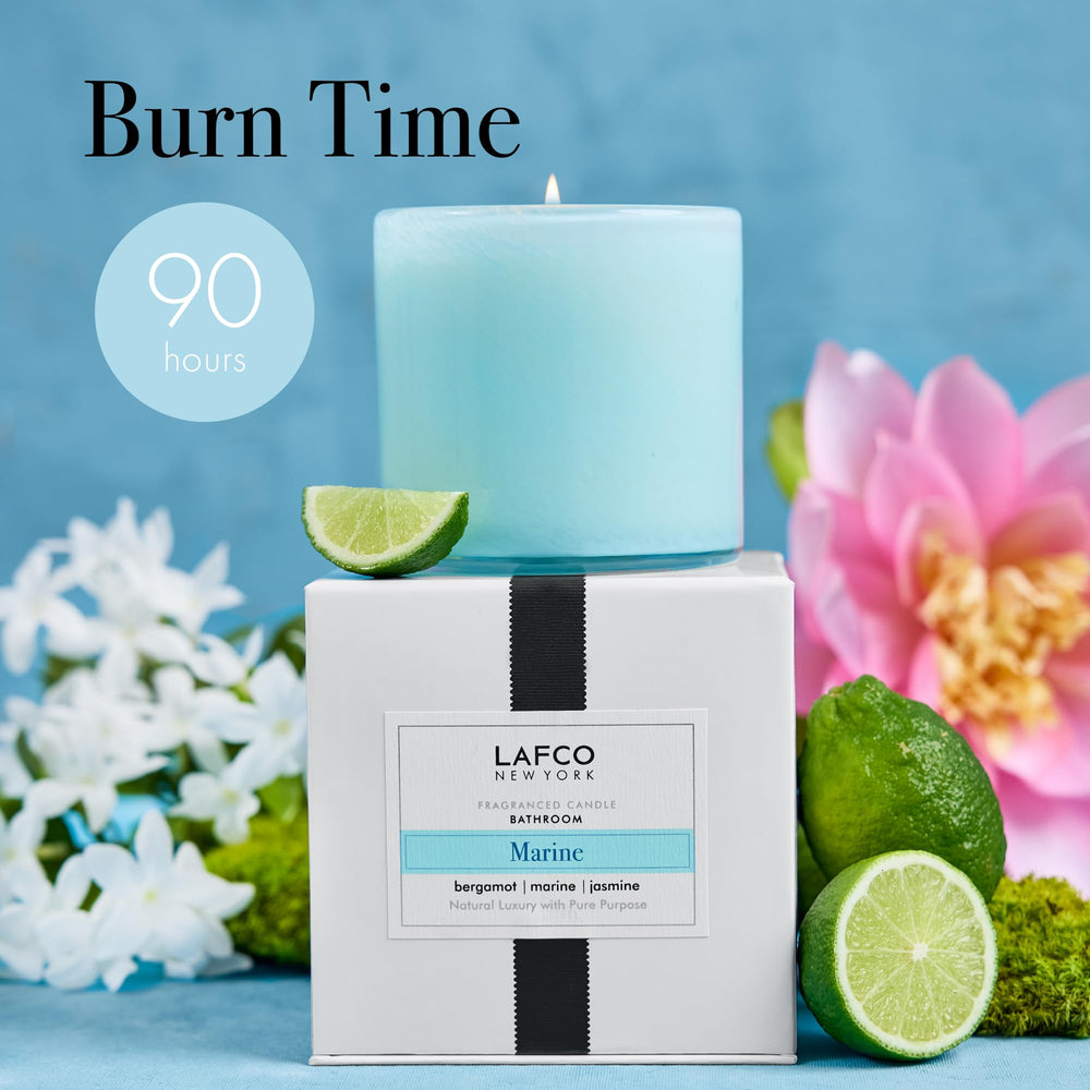 LAFCO New York Marine candle burn-time emphasis visual for long-lasting fragrance