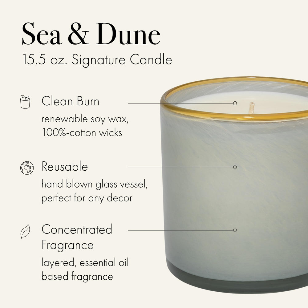 LAFCO New York Signature Candle Sea & Dune hand-blown glass vessel enhances decor.
