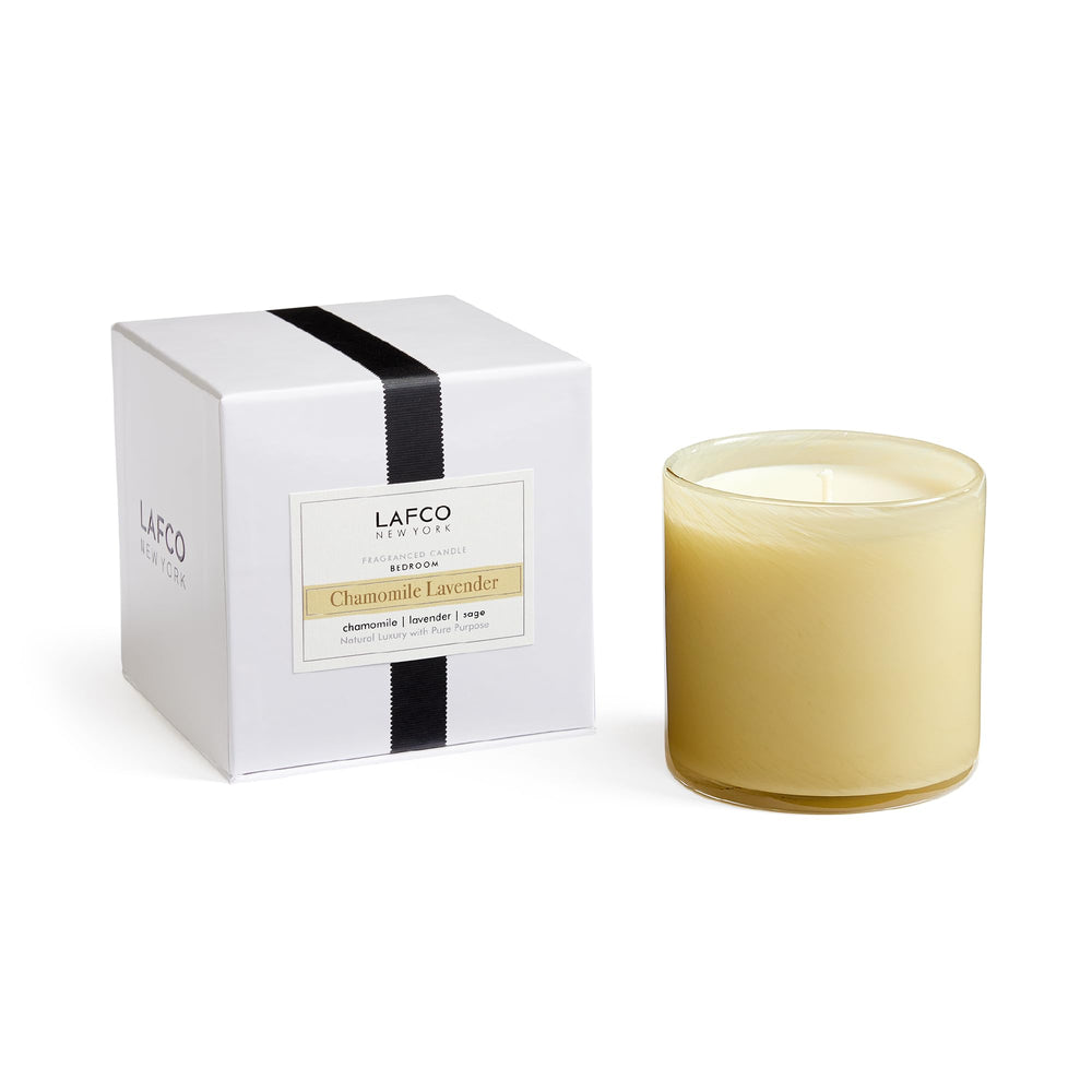 Front view of LAFCO New York Signature Chamomile Lavender candle in a 15.5 oz hand-blown glass vessel.
