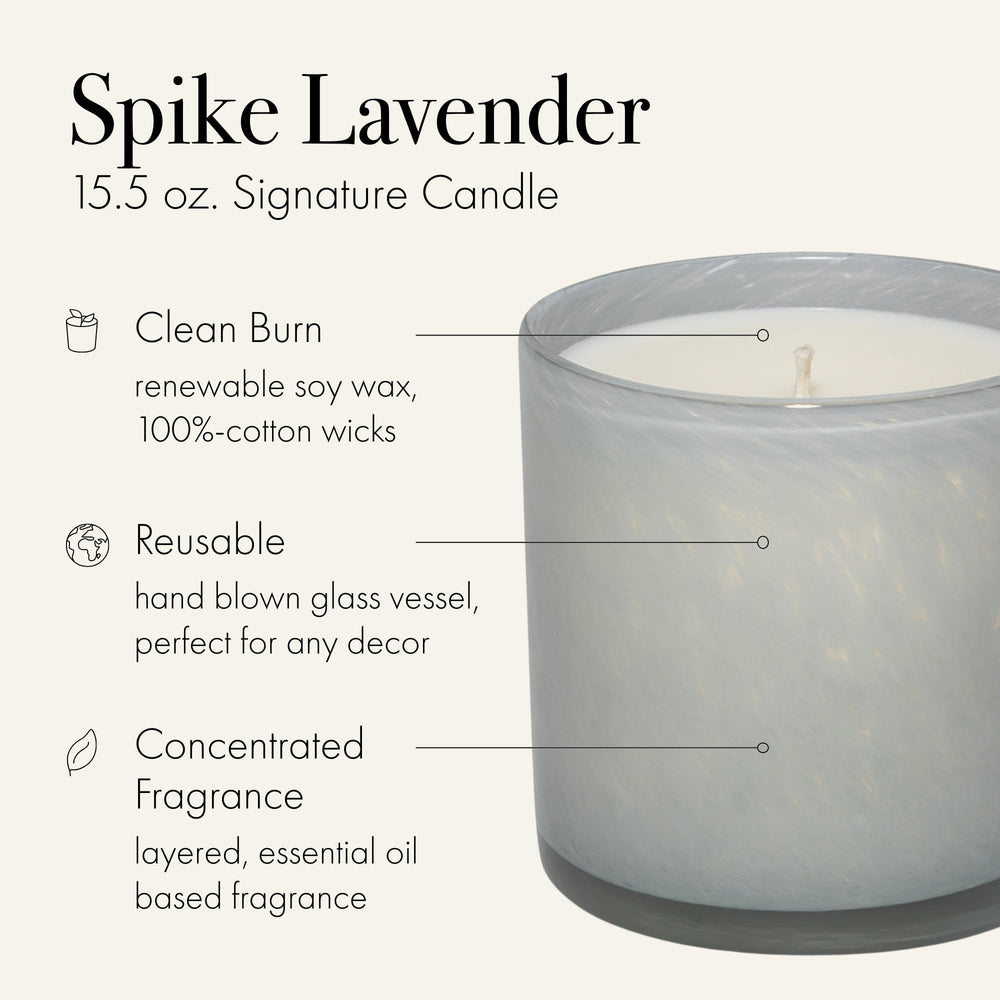 Close-up of Spike Lavender candle with label