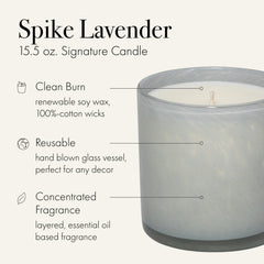 Close-up of Spike Lavender candle with label