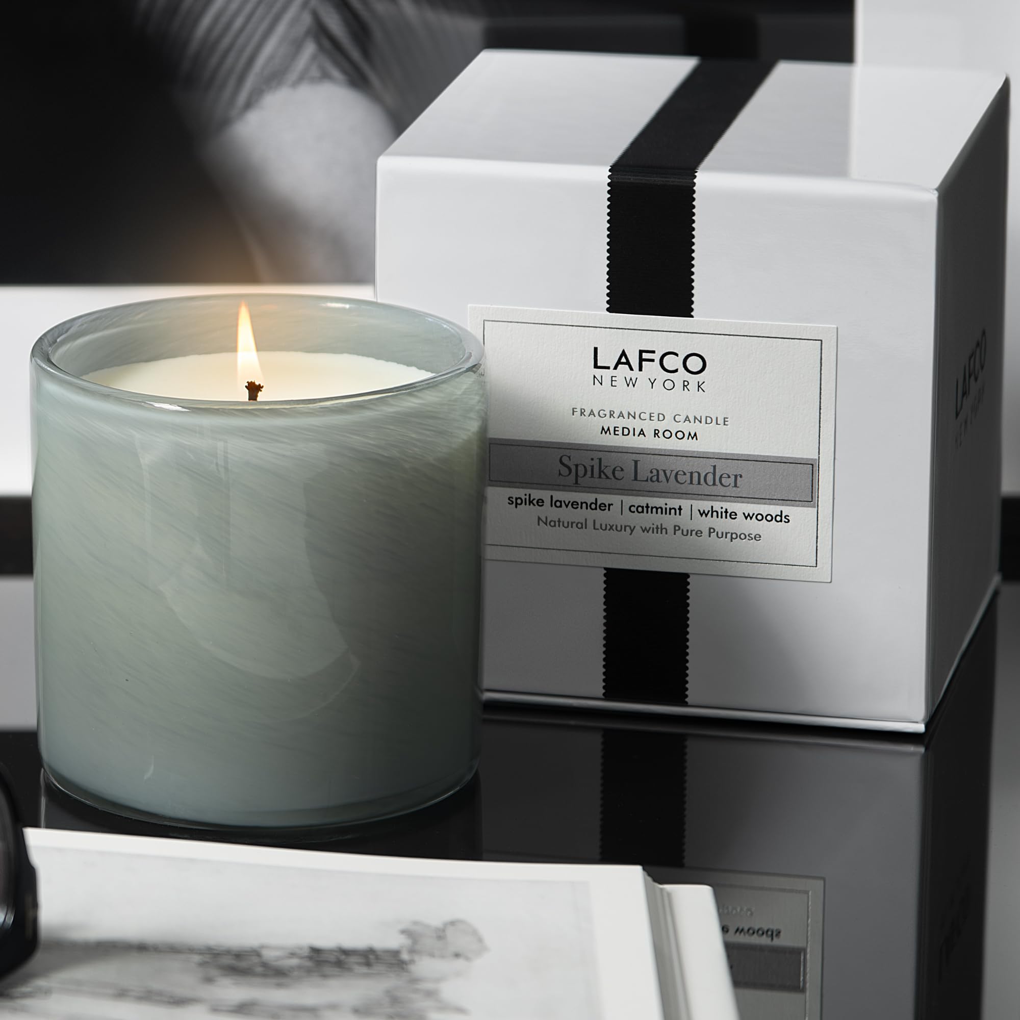 LAFCO Spike Lavender candle in a living room setting (Media Room mood)