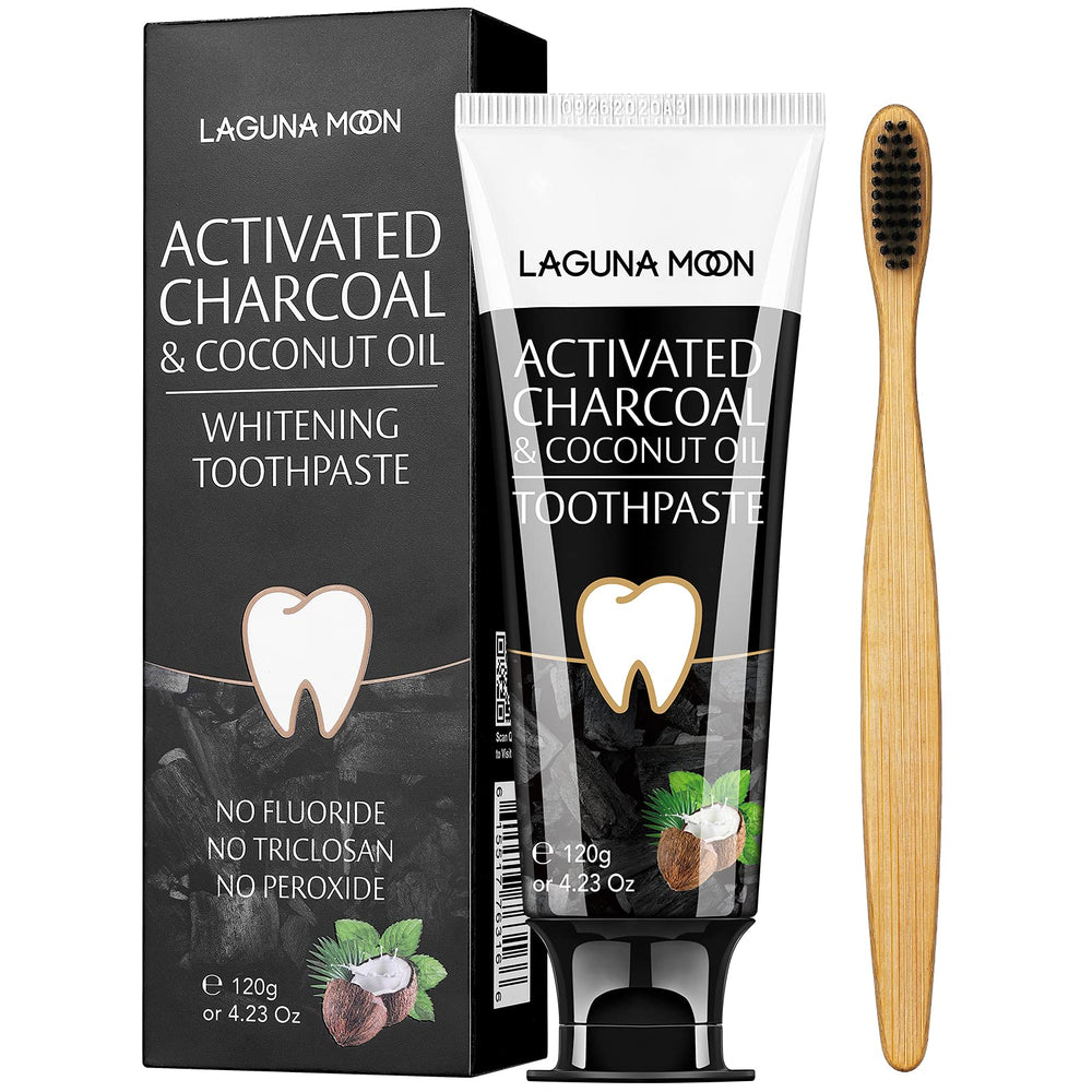 Lagunamoon Charcoal Toothpaste tube with mint leaves