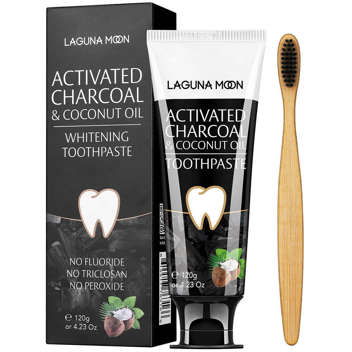 Lagunamoon Charcoal Toothpaste tube with mint leaves
