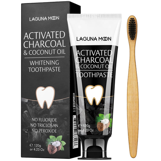Lagunamoon Charcoal Toothpaste tube with mint leaves