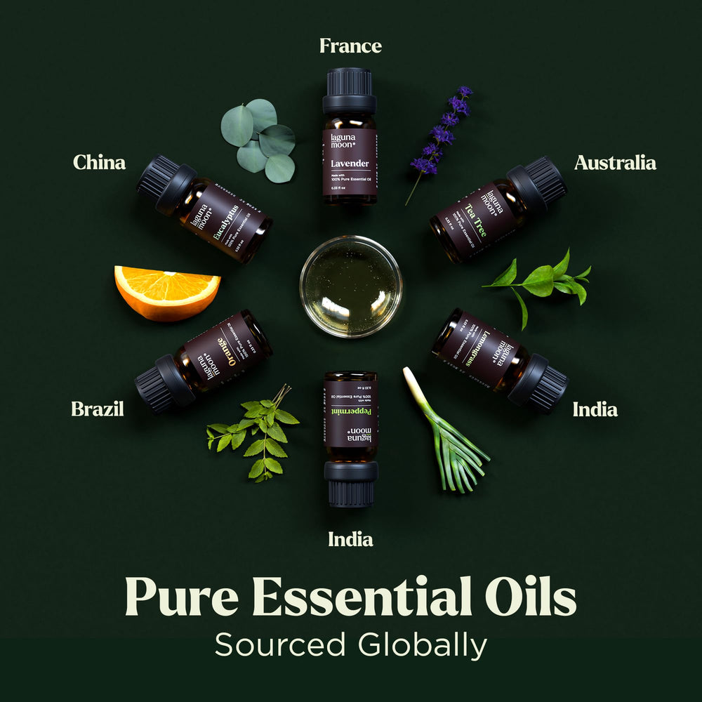 Close-up of Lagunamoon 10ml essential oil bottles (Peppermint, Tea Tree, Lavender, Eucalyptus, Orange, Lemongrass)