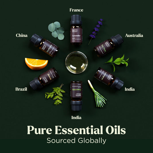Close-up of Lagunamoon 10ml essential oil bottles (Peppermint, Tea Tree, Lavender, Eucalyptus, Orange, Lemongrass)