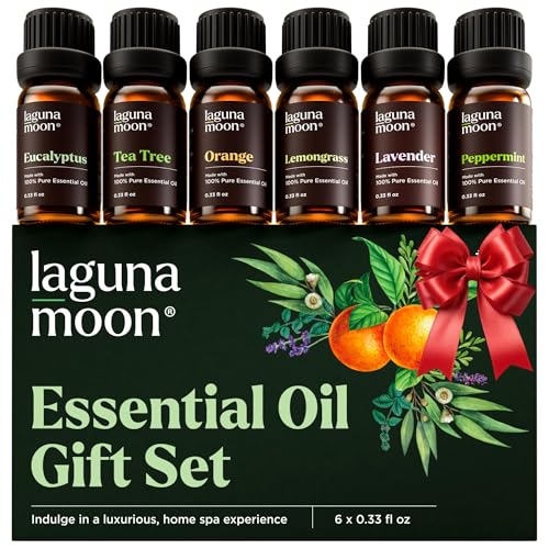 Front view of Lagunamoon Christmas Set gift box with six 10ml essential oil bottles