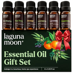 Front view of Lagunamoon Christmas Set gift box with six 10ml essential oil bottles