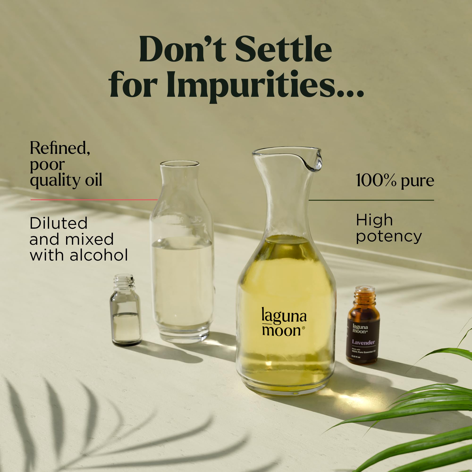 Concept image of Lagunamoon essential oils ingredients: Lavender, Tea Tree, Eucalyptus, Orange, Peppermint, Lemongrass