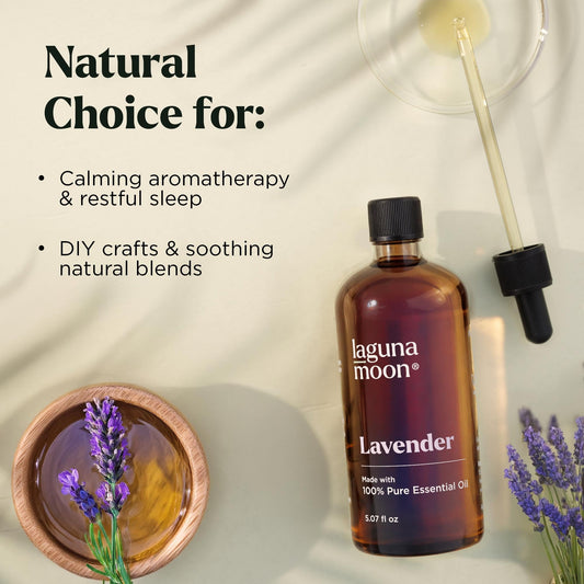Amber glass bottle of Lagunamoon Lavender Essential Oil close-up