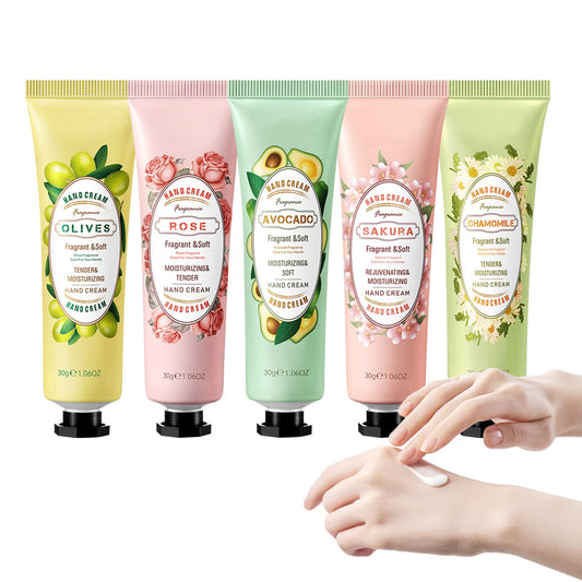 Laikme 5-pack hand cream set flatlay shows five fragrances for daily hydration