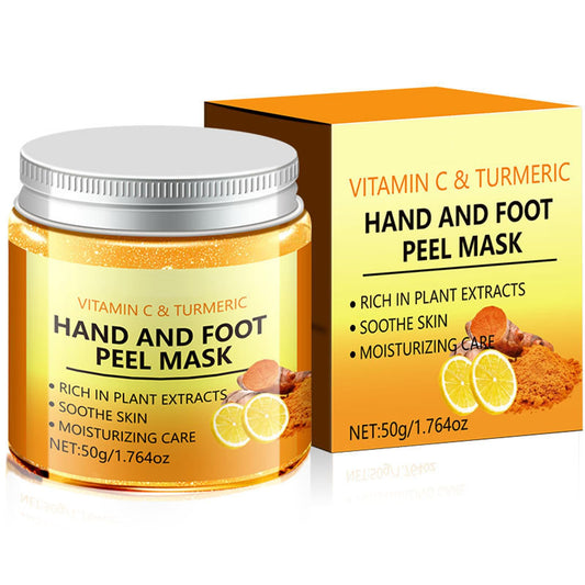 Laikme Vitamin C and Turmeric hand-foot peel mask application for smoothing exfoliation.
