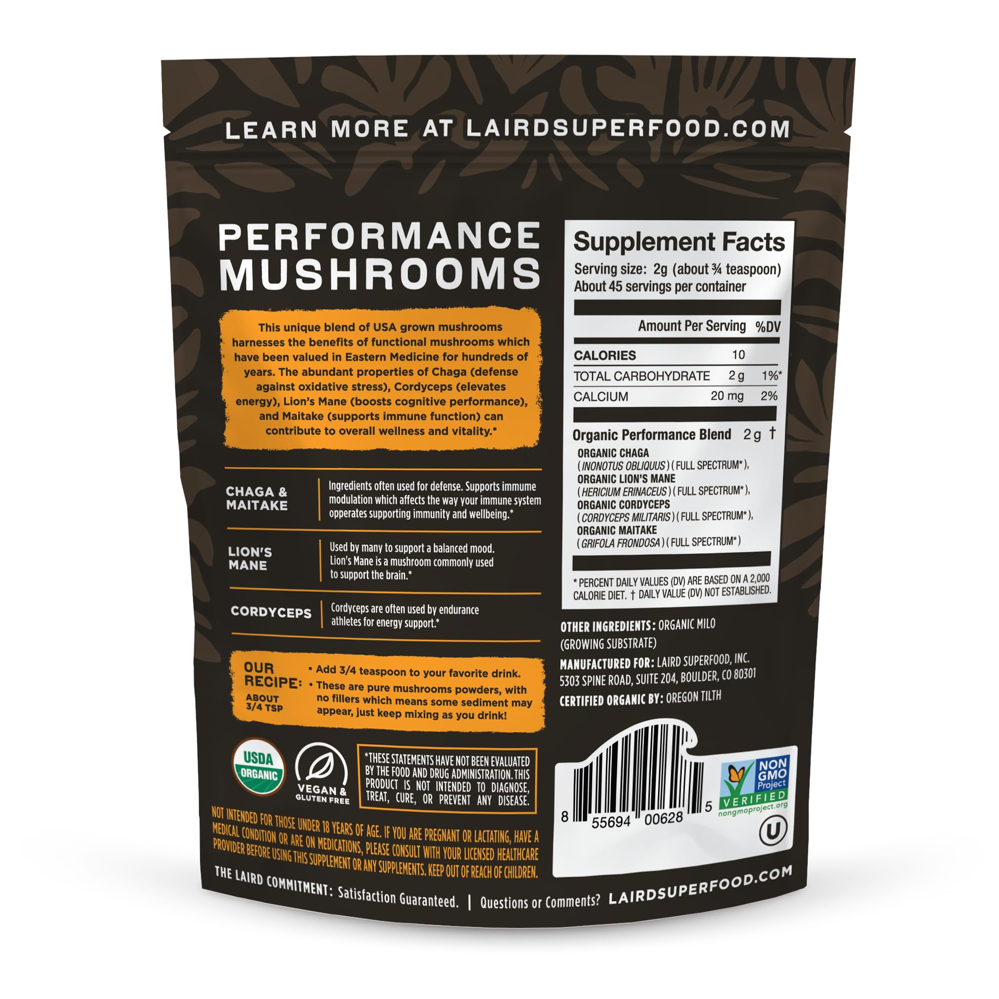 Mushroom blend ingredients: Lion's Mane, Cordyceps, Chaga and Maitake