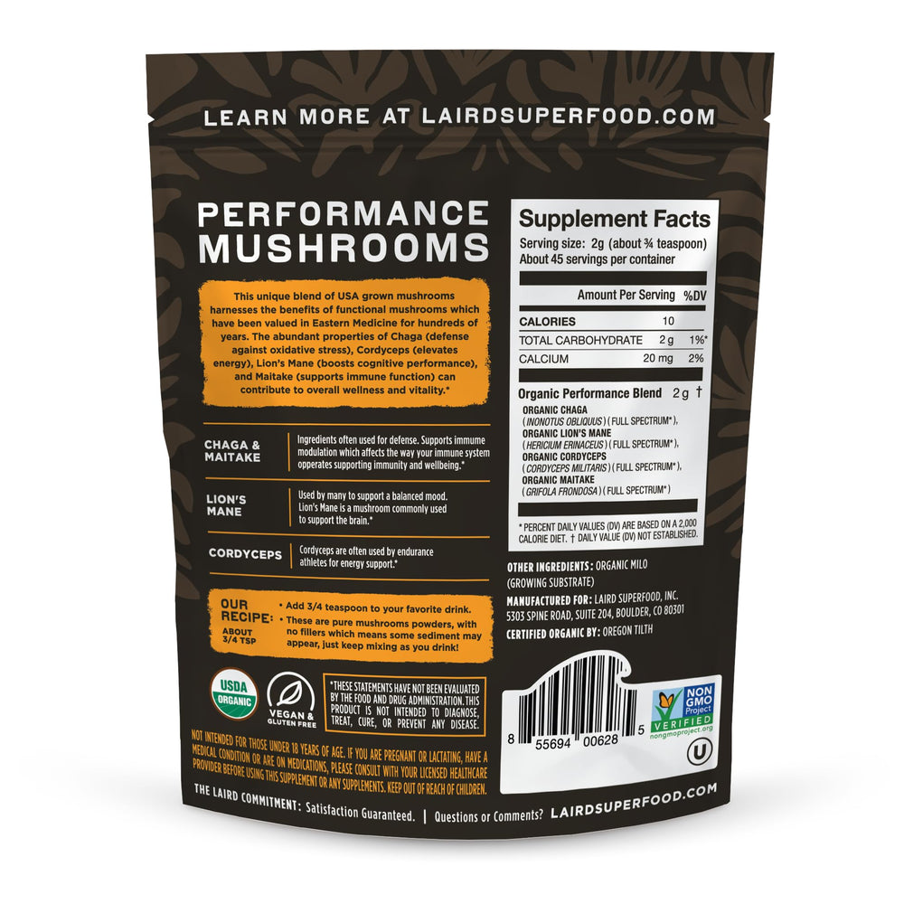 Mushroom blend ingredients: Lion's Mane, Cordyceps, Chaga and Maitake