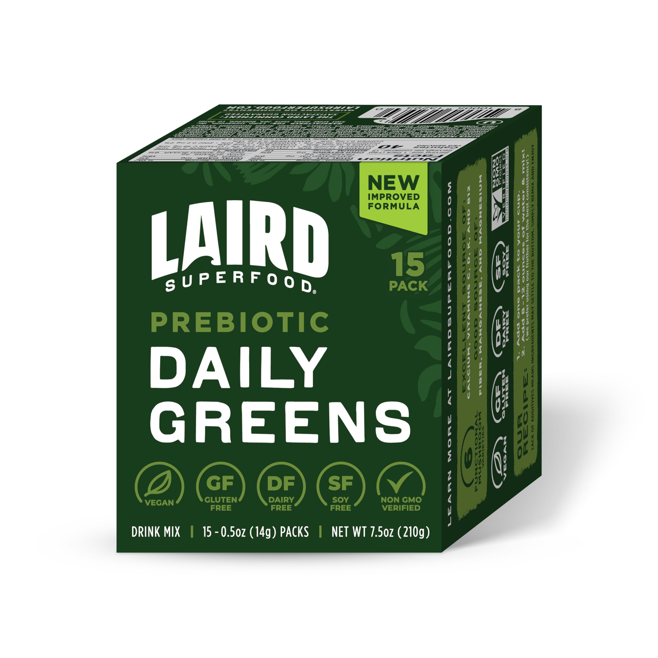 Front view of Laird Superfood Prebiotic Daily Greens powder sachets
