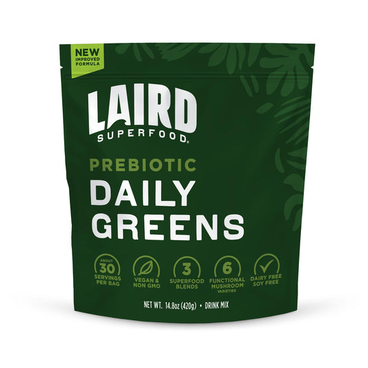 Front view of Laird Prebiotic Daily Greens powder bottle