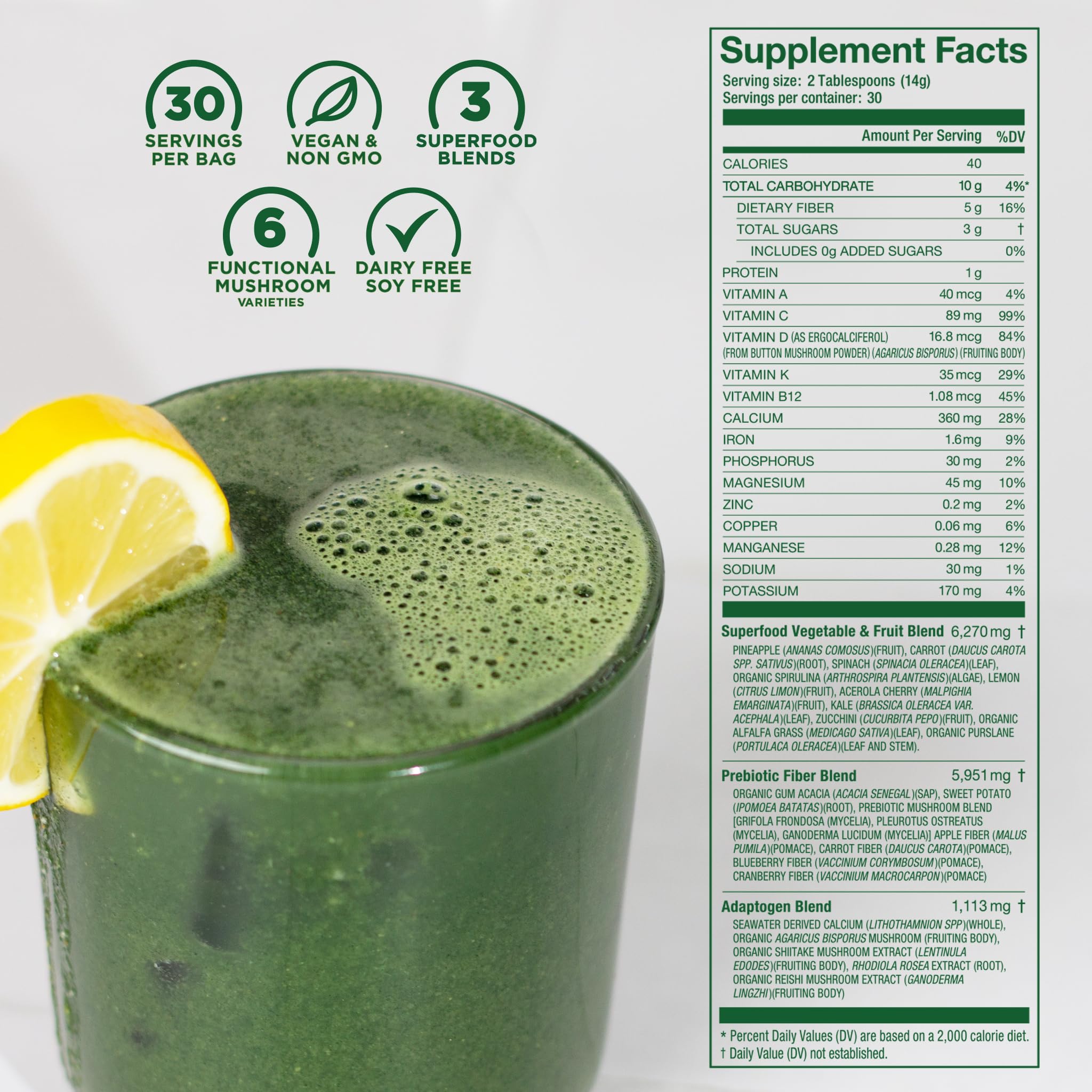 Nutrition facts panel for Prebiotic Daily Greens