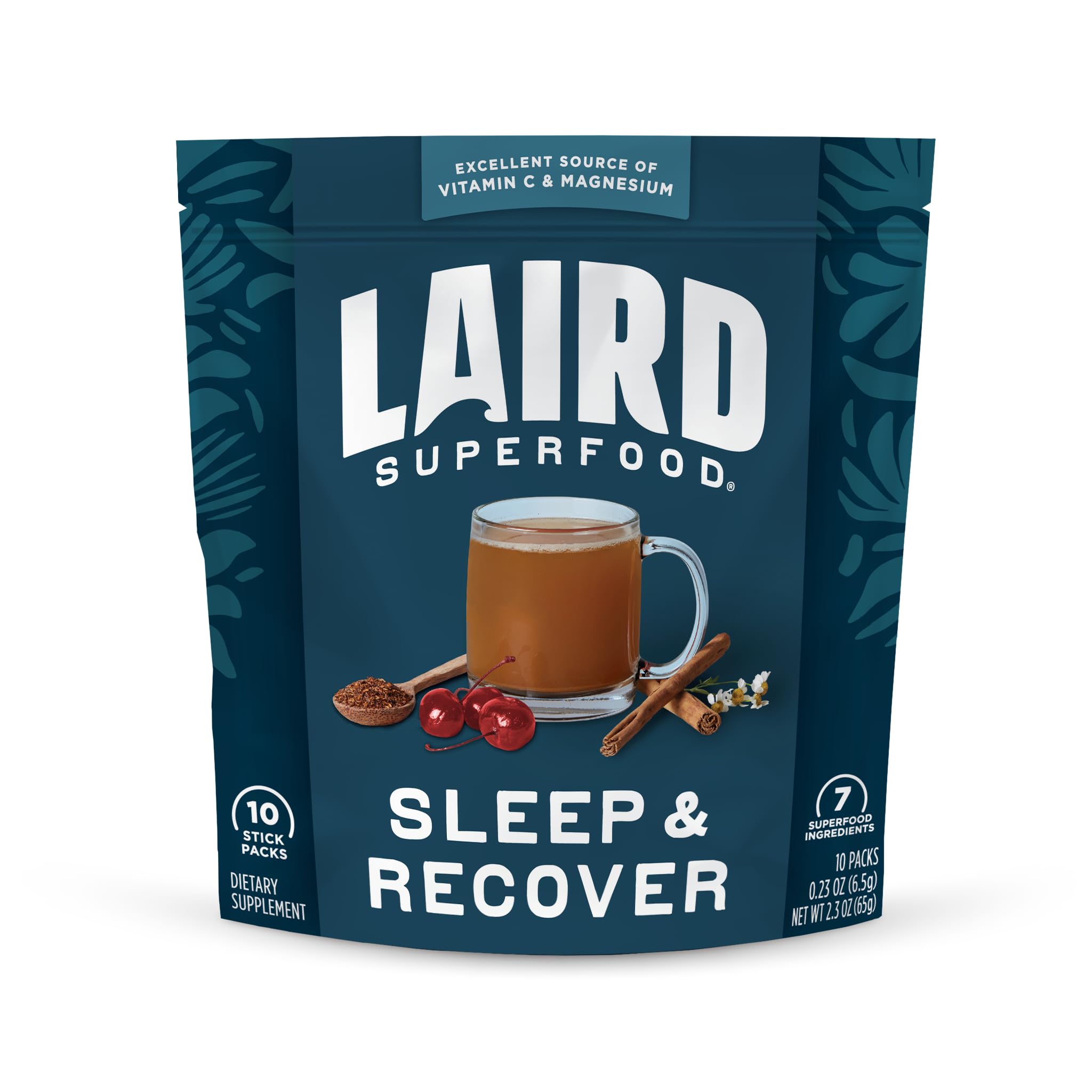 Product hero image showing Laird Sleep & Recover bedtime drink mix with tart cherry and chamomile