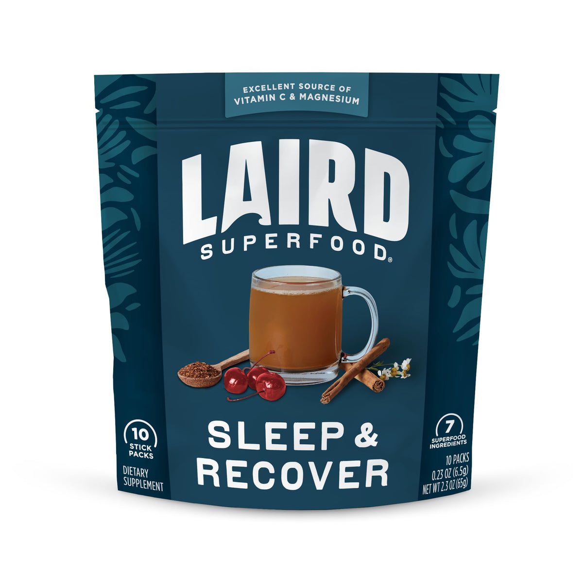 Product hero image showing Laird Sleep & Recover bedtime drink mix with tart cherry and chamomile