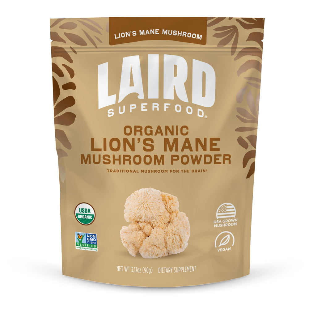 Front view of Laird Superfood Organic Lion's Mane Mushroom Powder 3.17 oz