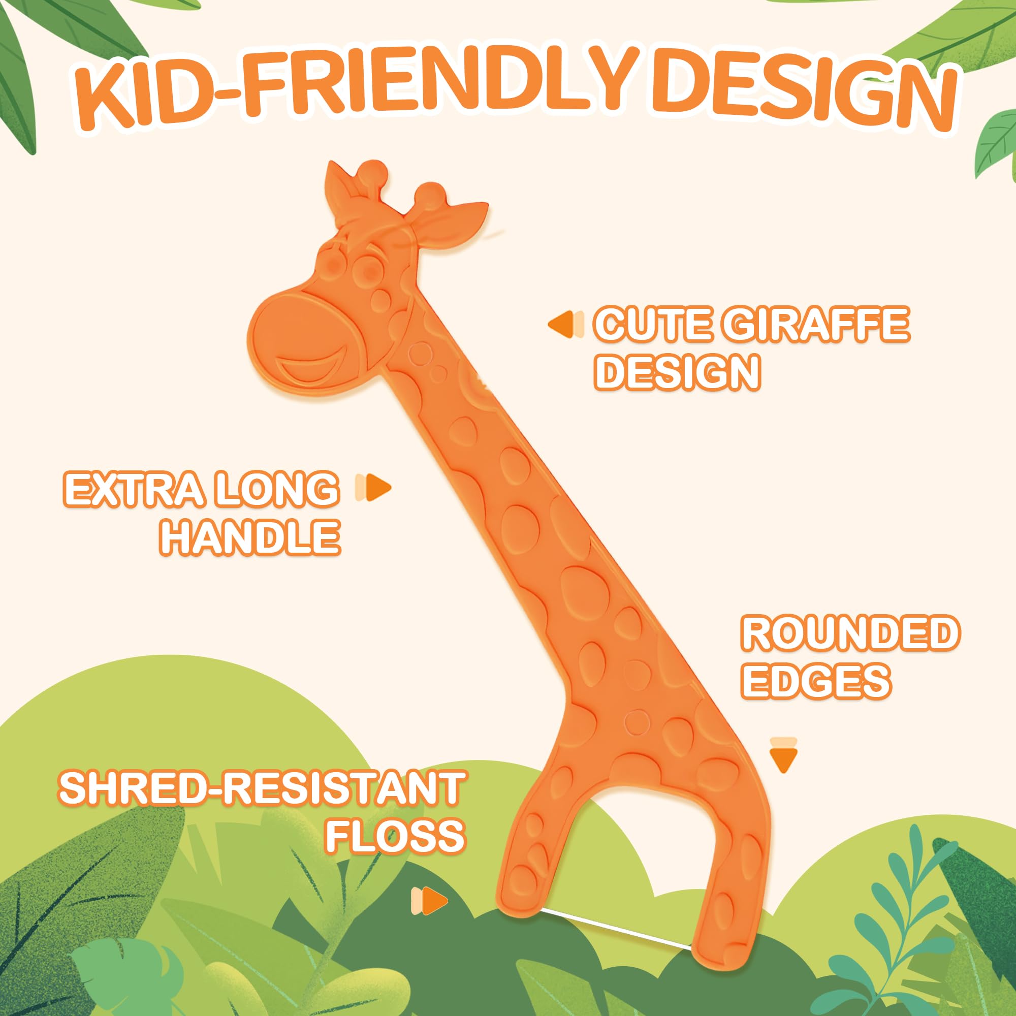 Close up of Lakeyface giraffe design floss picks for kids