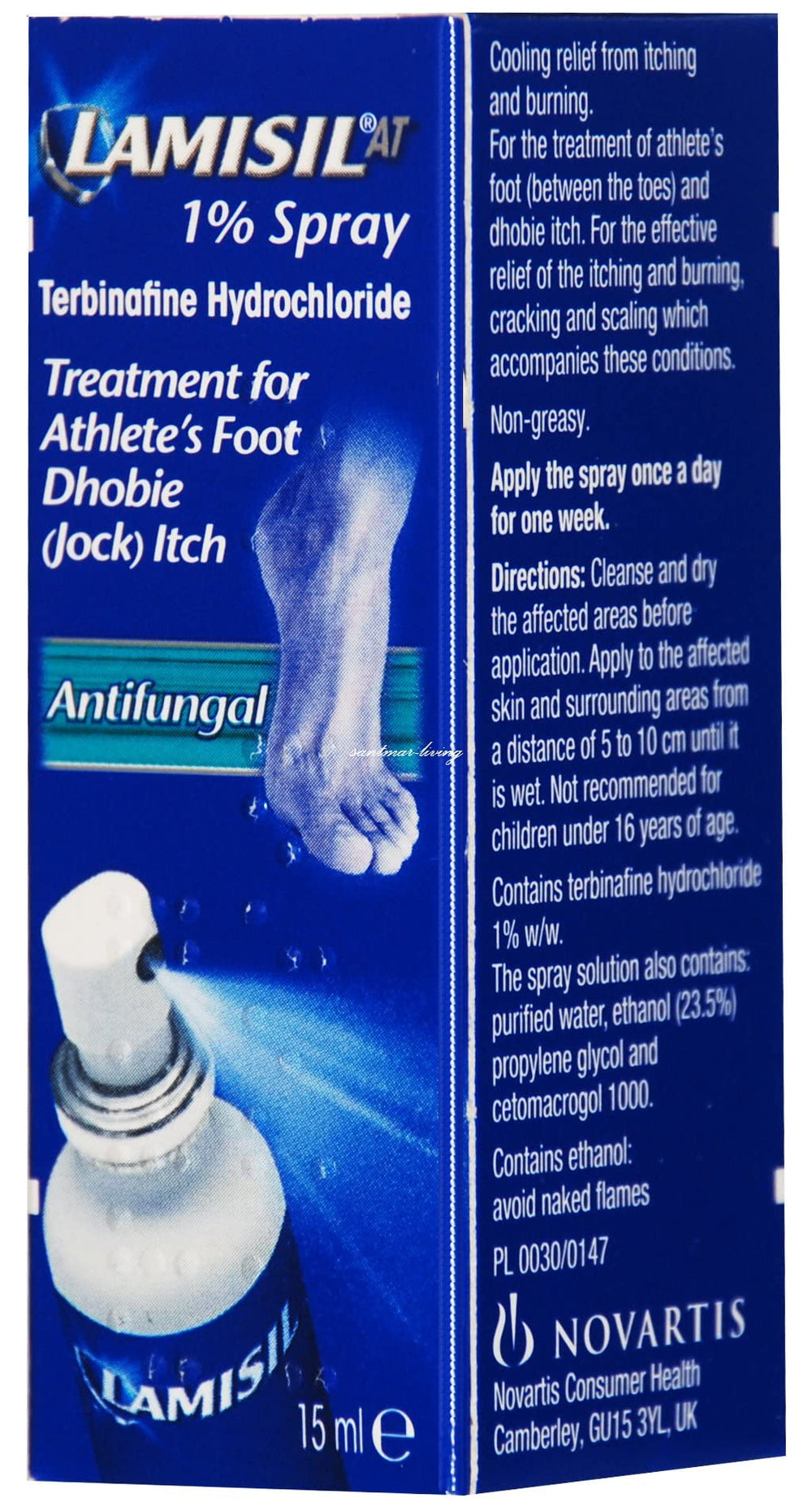Lamisil 1% spray applying between toes for athlete's foot symptoms.