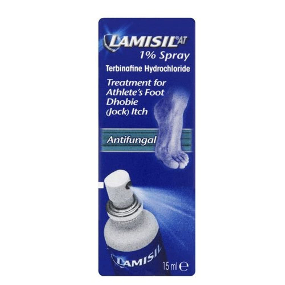 Lamisil 1% spray bottle closeup for fast itch relief and simple daily use.