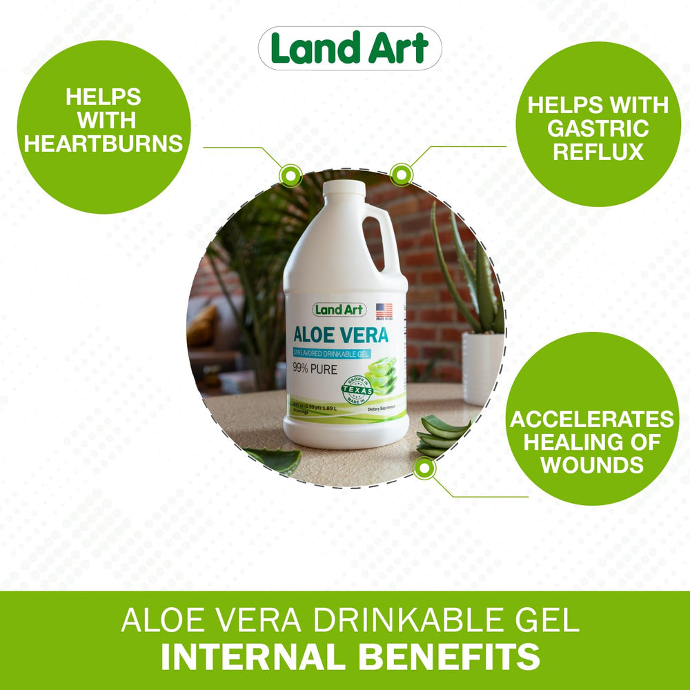Land Art Aloe Vera Drinkable Gel organic label highlights Texas-grown aloe