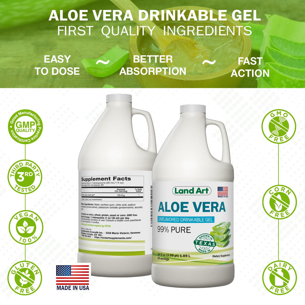 Land Art Aloe Vera Drinkable Gel soothes skin and speeds healing