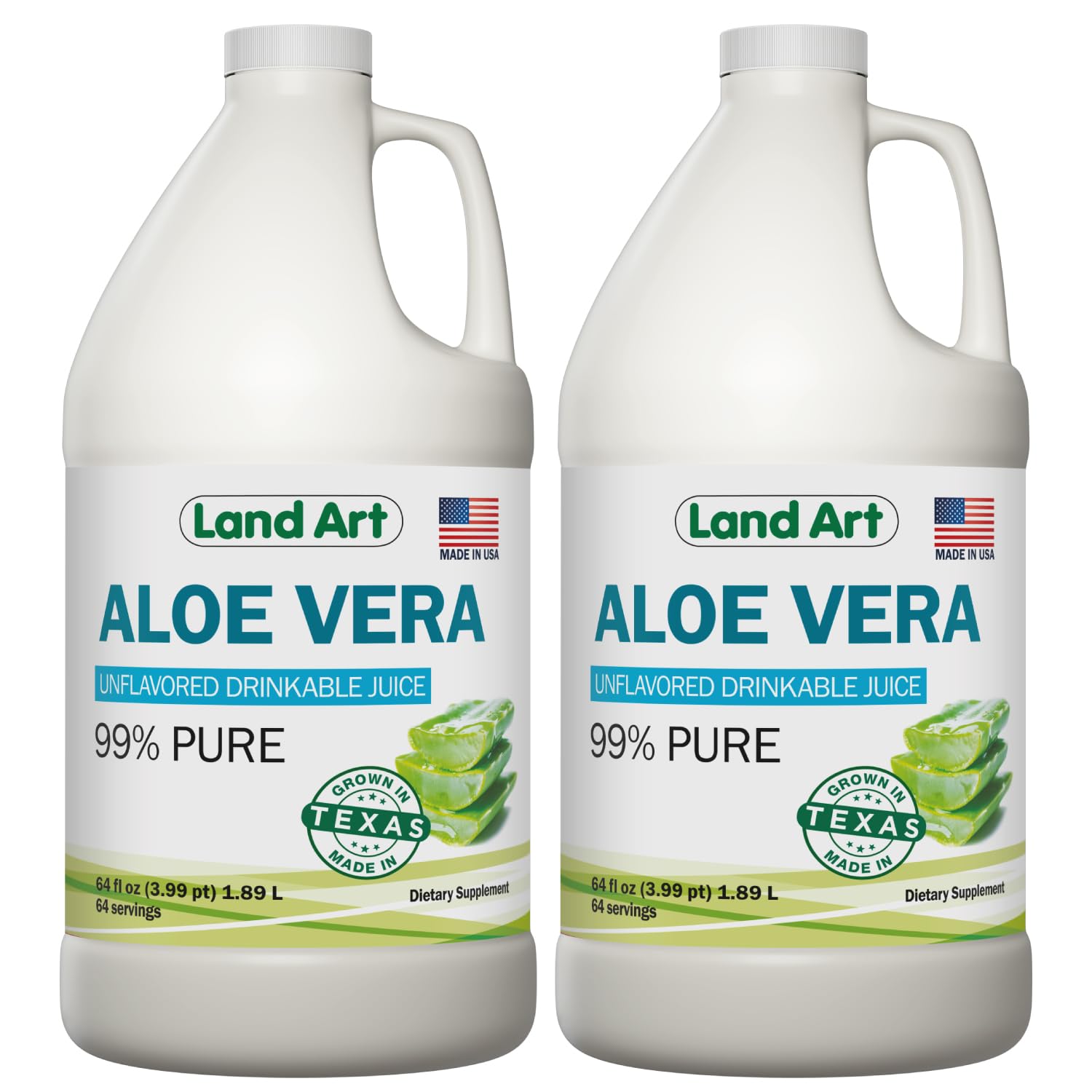 Two Land Art Aloe Vera Juice bottles, 99.7% pure, 64 oz total