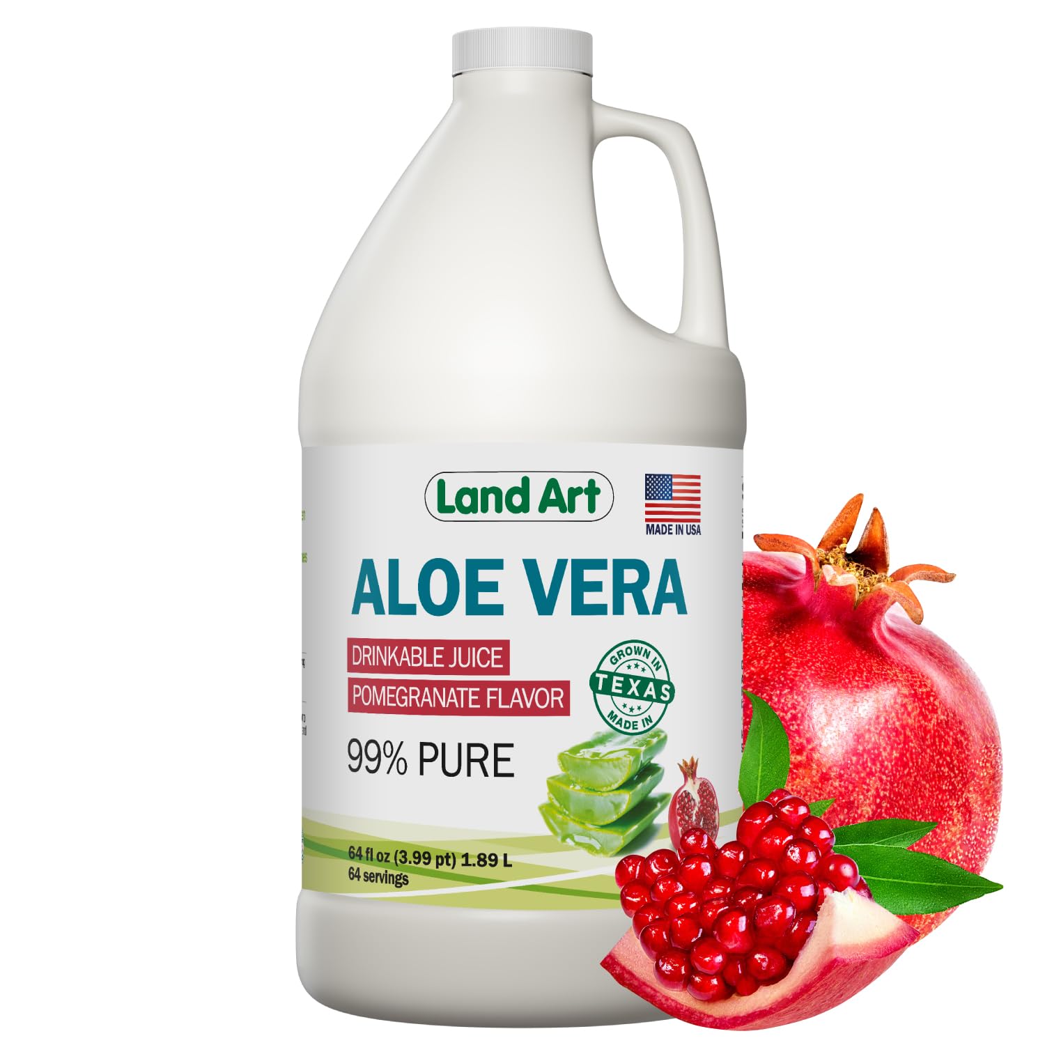 Front view of Land Art Aloe Vera Juice Pomegranate 64 oz bottle