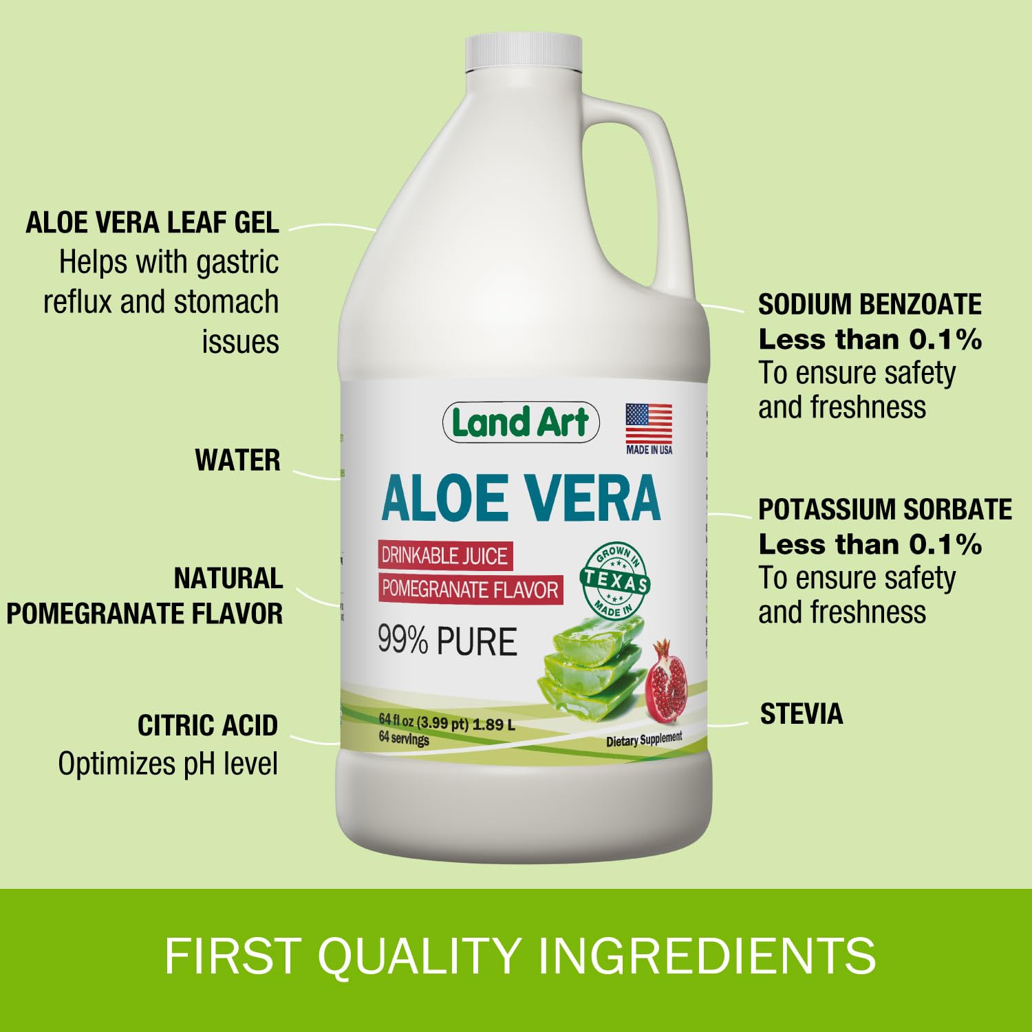Packaging image for Land Art Aloe Vera Juice Pomegranate 64 oz