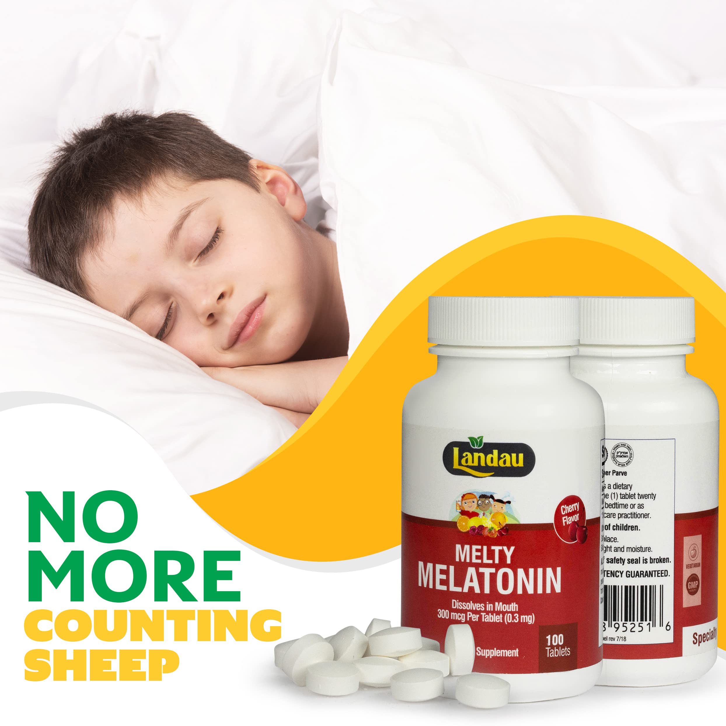 Dissolving melatonin tablet illustrating fast-acting cherry formula